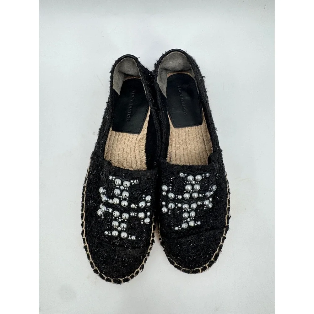 Tory Burch Espadrilles Women 6.5 Black Pearl Logo Tweed Slip On